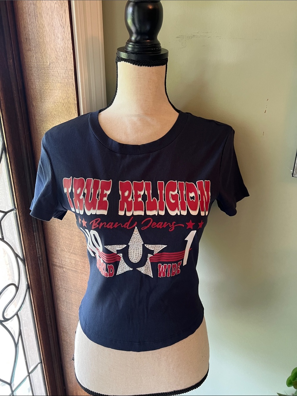 True Religion Navy Short Sleeve Graphic Logo Tee with Red Accents